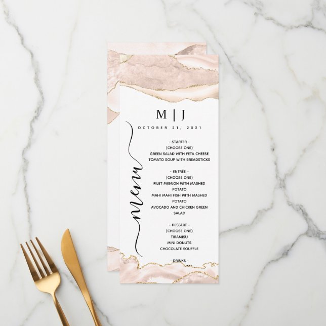 Agate Blush & Gold Glitter Wedding Menu (Front/Back In Situ)