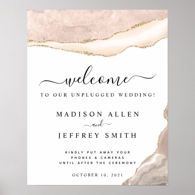 Agate Blush & Gold Unplugged Wedding Welcome Poster (Front)