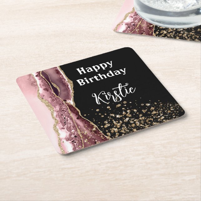 Agate Blush Pink Black Rose Gold Glitter Birthday Square Paper Coaster (Angled)