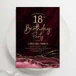 Agate Burgundy Gold 18th Birthday Invitation<br><div class="desc">Burgundy and gold agate 18th birthday party invitation. Elegant modern design featuring marsala wine dark red watercolor agate marble geode background,  faux glitter gold and typography script font. Trendy invite card perfect for a stylish women's bday celebration. Printed Zazzle invitations or instant download digital printable template.</div>