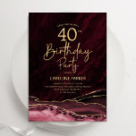 Agate Burgundy Gold 40th Birthday Invitation<br><div class="desc">Burgundy and gold agate 40th birthday party invitation. Elegant modern design featuring dark red marsala wine watercolor agate marble geode background,  faux glitter gold and typography script font. Trendy invite card perfect for a stylish women's bday celebration. Printed Zazzle invitations or instant download digital printable template.</div>