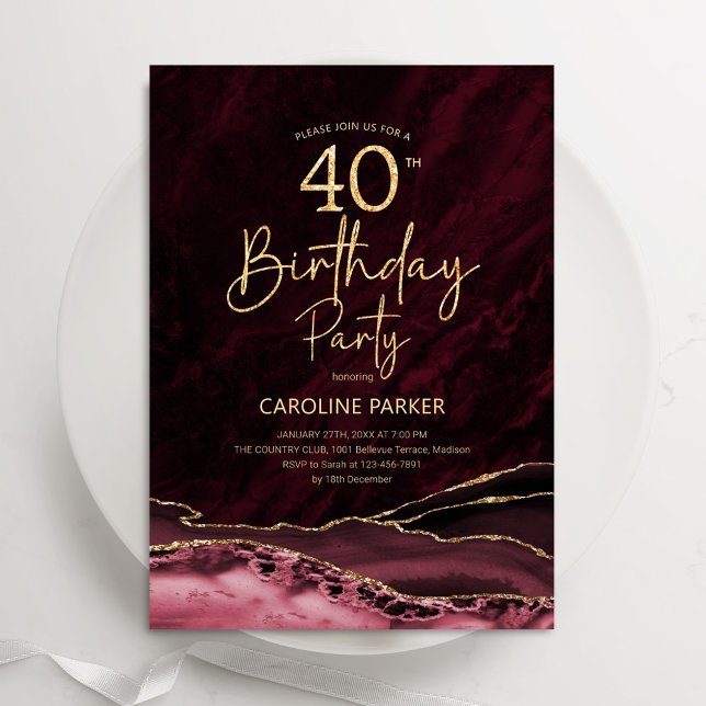 Agate Burgundy Gold 40th Birthday Invitation (Creator Uploaded)