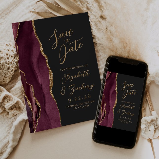Agate Burgundy Gold Dark Wedding Save the Date (Creator Uploaded)