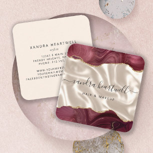 Agate Burgundy Gold Glitter Ivory Silk Square Business Card
