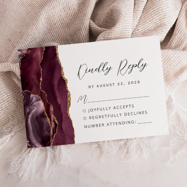 Agate Burgundy Gold Modern Script Wedding RSVP Card (Creator Uploaded)