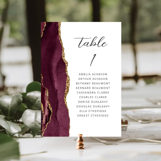 Agate Burgundy Gold Modern Script Wedding Table Number (Creator Uploaded)