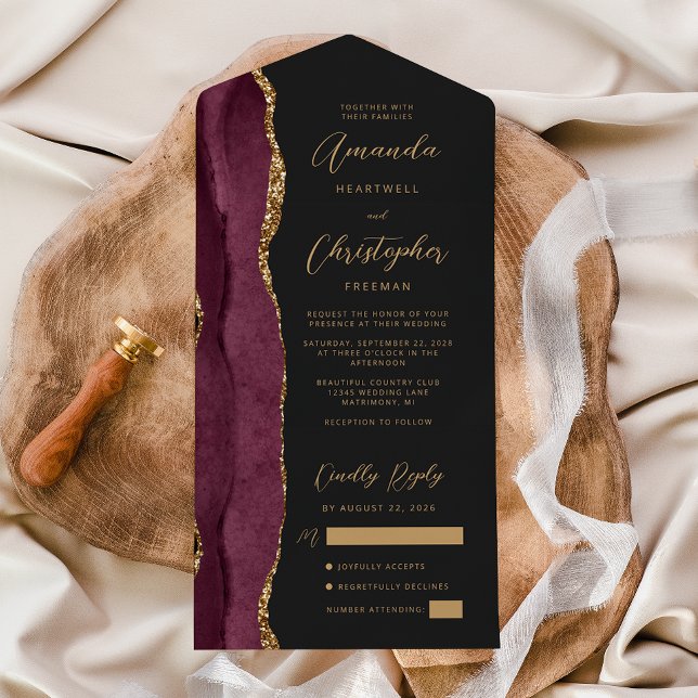 Agate Burgundy Gold Script Dark All In One Invitation (Creator Uploaded)