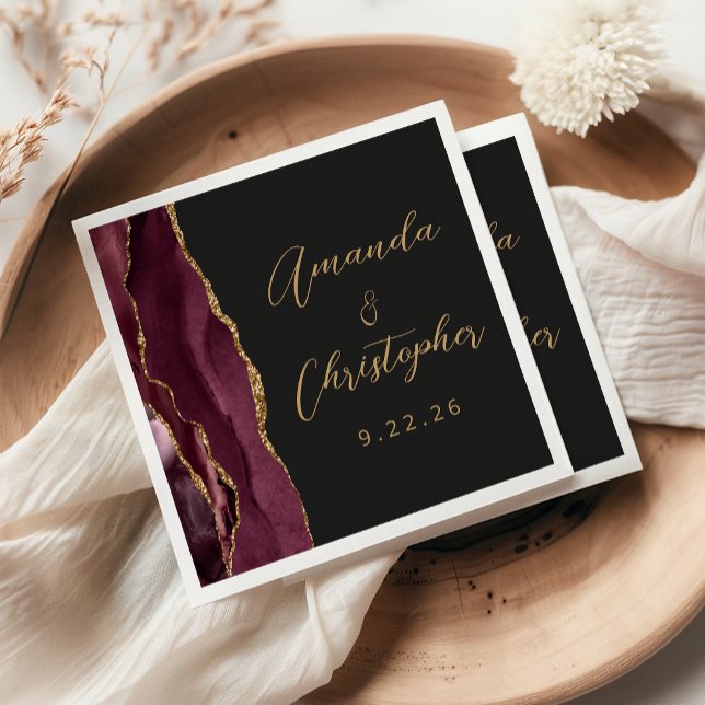 Agate Burgundy Gold Script Dark Wedding Napkin (Creator Uploaded)