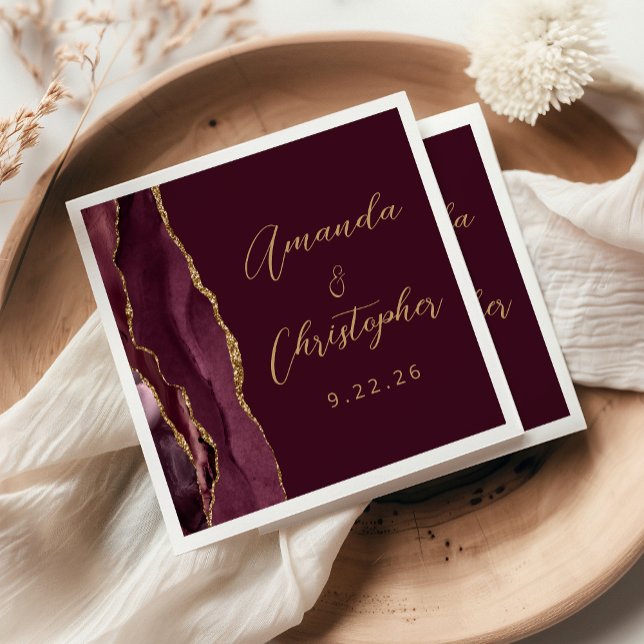 Agate Burgundy Gold Script Wedding Napkin (Creator Uploaded)