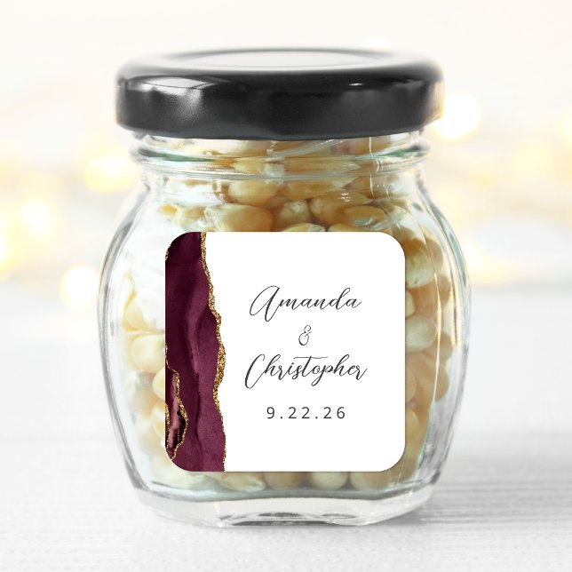 Agate Burgundy Gold Script Wedding Square Sticker (Creator Uploaded)