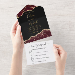 Agate Burgundy Gold Wedding Elegant Modern RSVP All In One Invitation