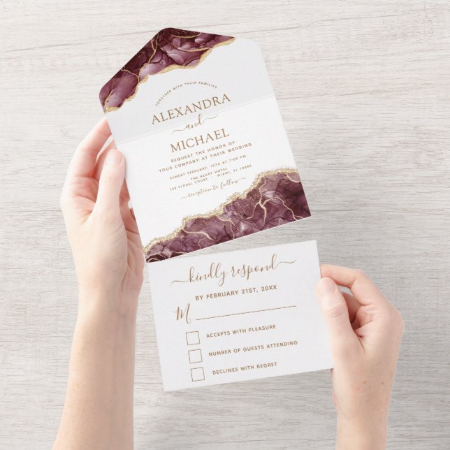 Agate Burgundy Gold Wedding Elegant Modern RSVP All In One Invitation (Tearaway)
