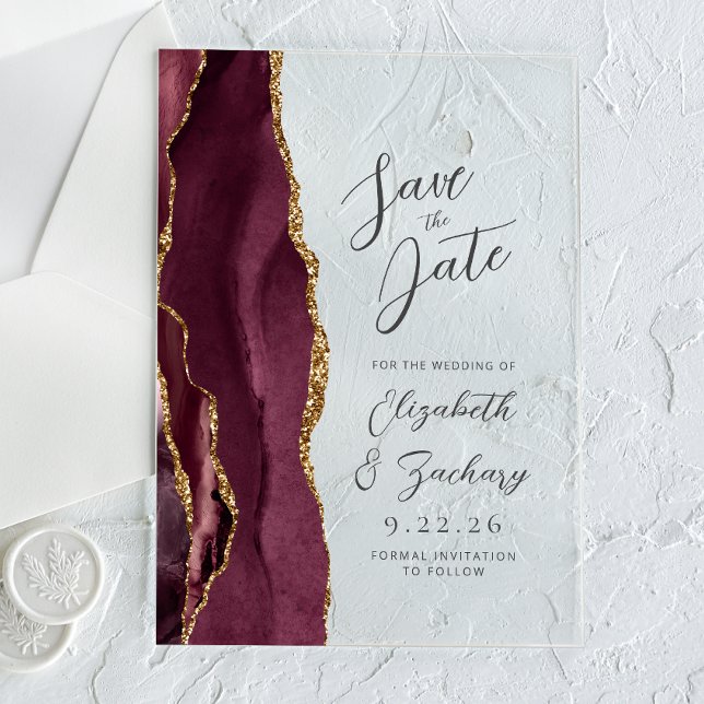 Agate Burgundy Gold Wedding Save the Date Acrylic Invitations (Creator Uploaded)