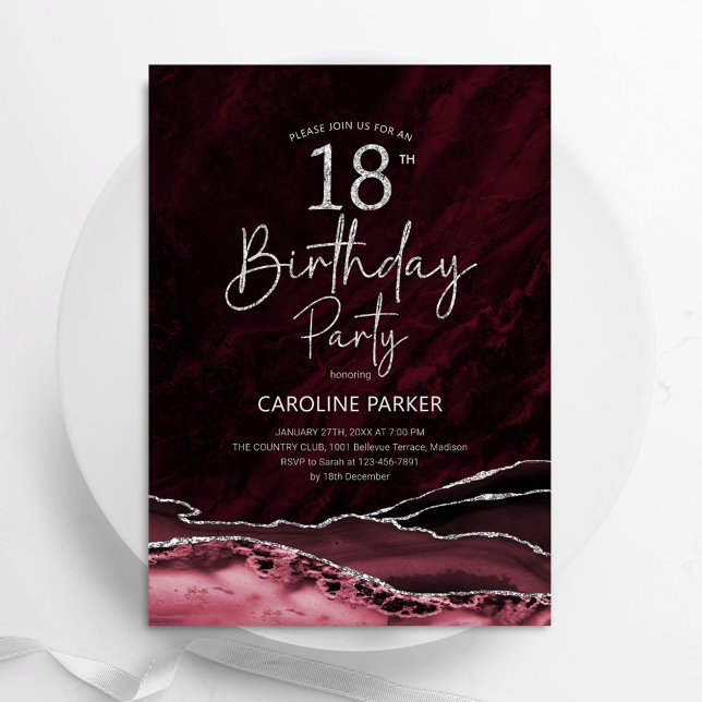 Agate Burgundy Silver 18th Birthday Invitation (Creator Uploaded)