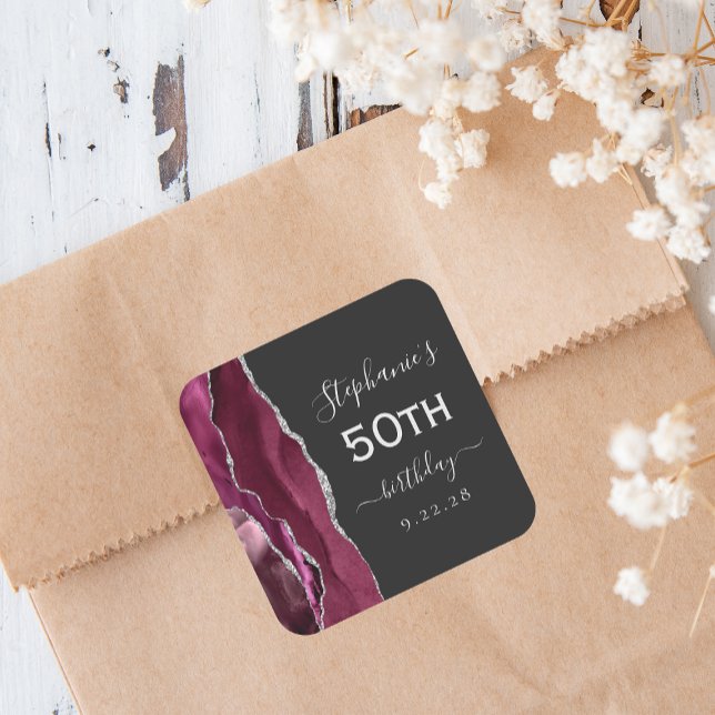 Agate Burgundy Silver Dark 50th Birthday Square Sticker (Creator Uploaded)