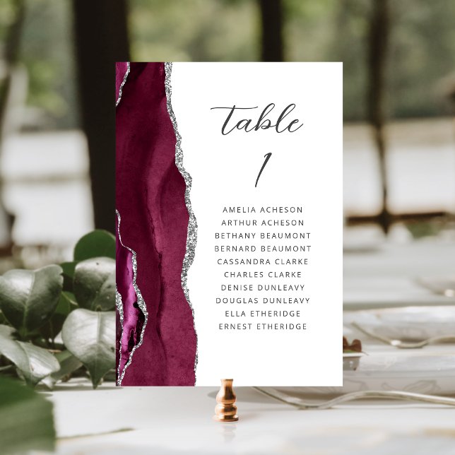 Agate Burgundy Silver Modern Script Wedding Table Number (Creator Uploaded)