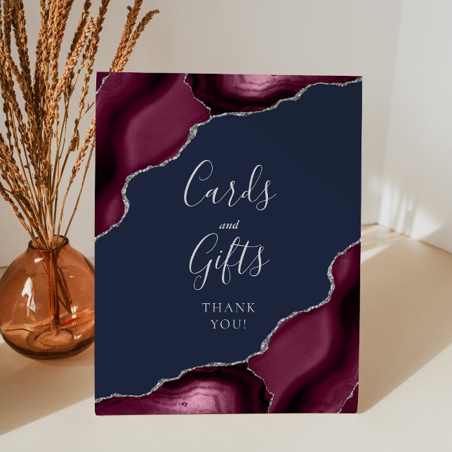 Agate Burgundy Silver Navy Wedding Cards and Gifts Pedestal Sign (Creator Uploaded)