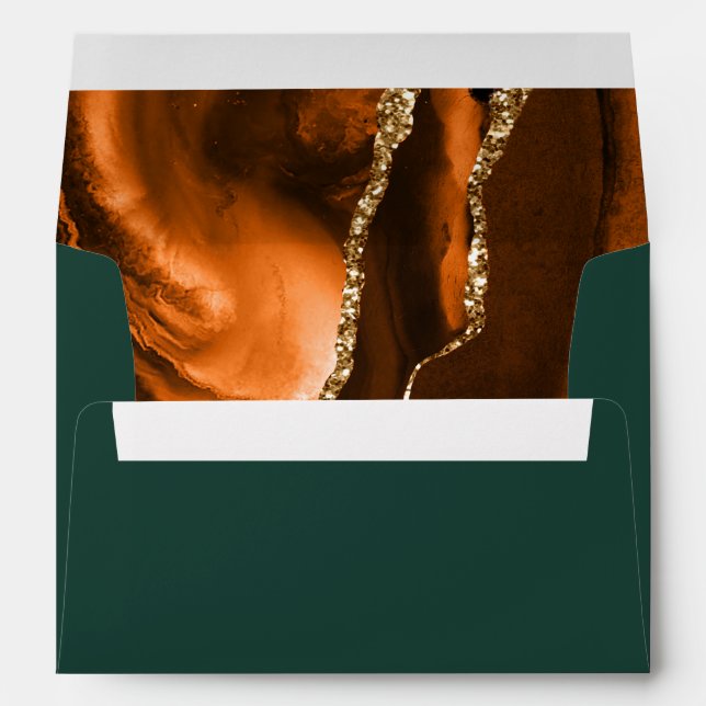 Agate Burnt Orange Gold Dark Green Script Wedding Envelope (Back (Bottom))
