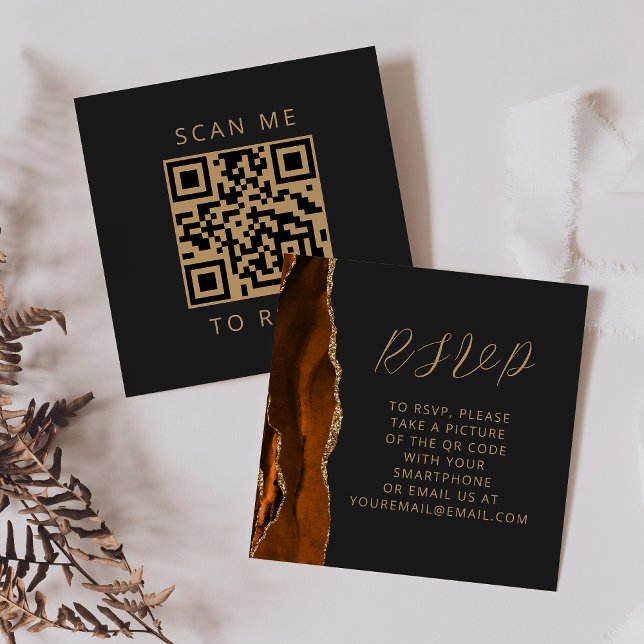 Agate Burnt Orange Gold Dark Wedding QR Code RSVP Enclosure Card (Creator Uploaded)