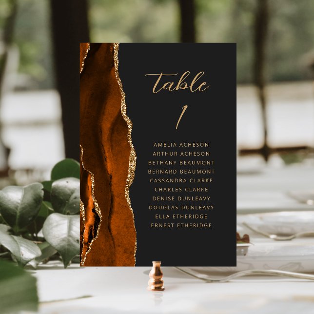 Agate Burnt Orange Gold Modern Script Dark Wedding Table Number (Creator Uploaded)