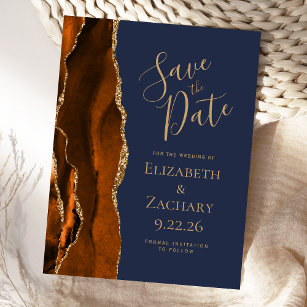 Agate Burnt Orange Gold Navy Blue Save the Date Announcement Postcard
