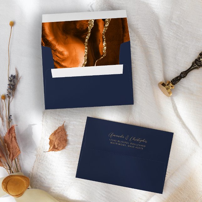 Agate Burnt Orange Gold Navy Blue Script Wedding Envelope (Creator Uploaded)