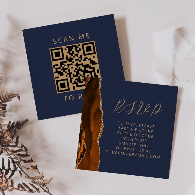 Agate Burnt Orange Gold Navy Wedding QR Code RSVP Enclosure Card (Creator Uploaded)