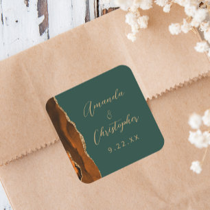 Agate Burnt Orange Gold Script Dark Green Wedding Square Sticker