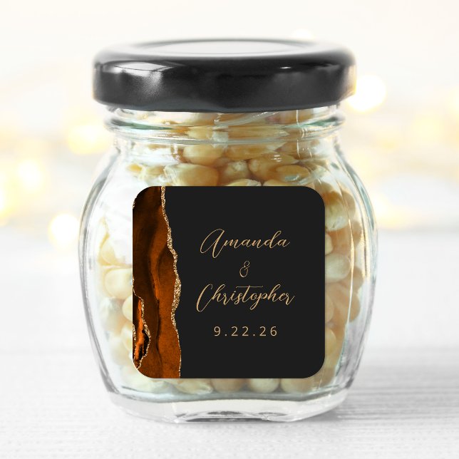 Agate Burnt Orange Gold Script Dark Wedding Square Sticker (Creator Uploaded)