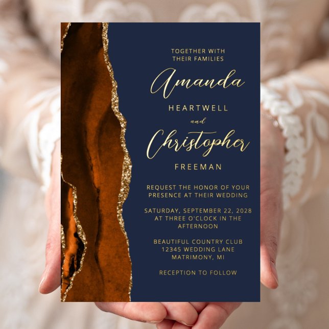 Agate Burnt Orange Gold Script Navy Blue Wedding (Creator Uploaded)