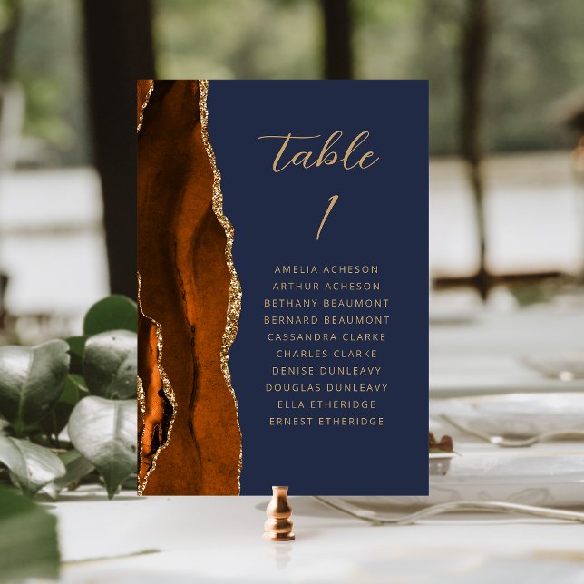 Agate Burnt Orange Gold Script Navy Blue Wedding Table Number (Creator Uploaded)