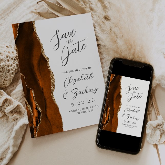 Agate Burnt Orange Gold Script Wedding Save Save The Date (Creator Uploaded)