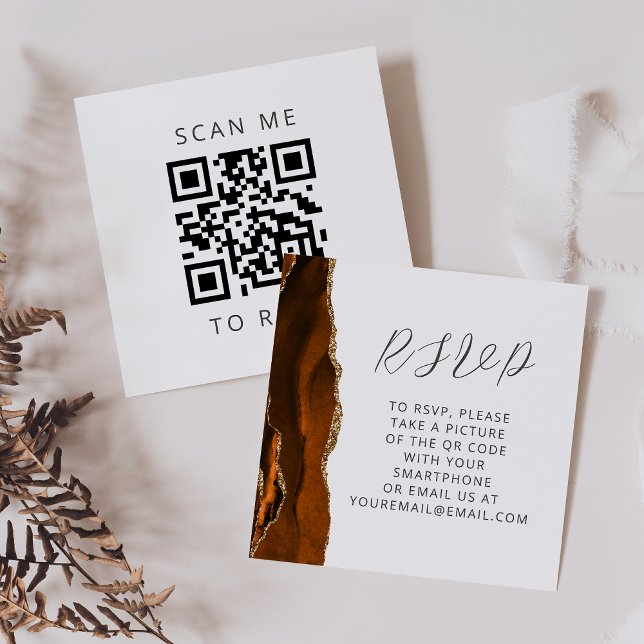 Agate Burnt Orange Gold Wedding QR Code RSVP Enclosure Card (Creator Uploaded)