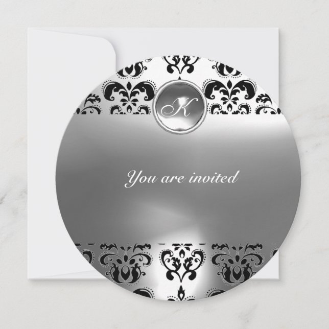 AGATE DAMASK GEM STONE MONOGRAM black white Invitation (Front)
