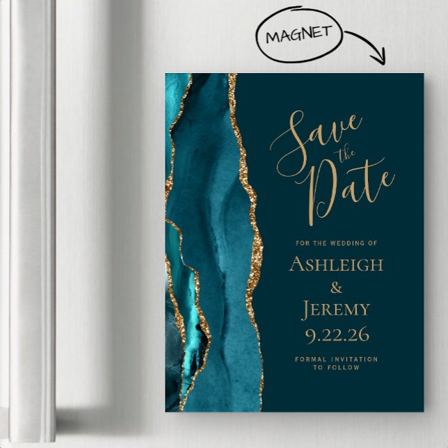 Agate Dark Teal Blue Gold Magnetic Save the Date (Creator Uploaded)