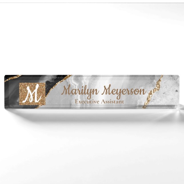 Agate Desk Name Plate Black and White Gold Glitter (Front)