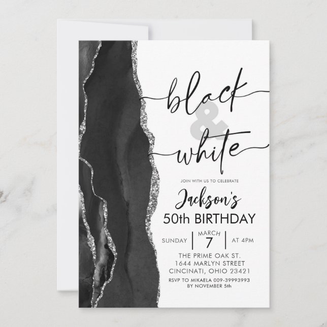 Agate Elegant Black White Birthday Party Invitation (Front)
