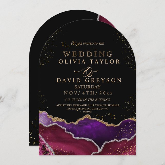 Agate Elegant Modern black purple gold Wedding Invitation (Front/Back)