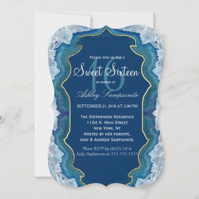 Agate Elegant Pretty Blue Teal Geode Pattern Invitation (Front)