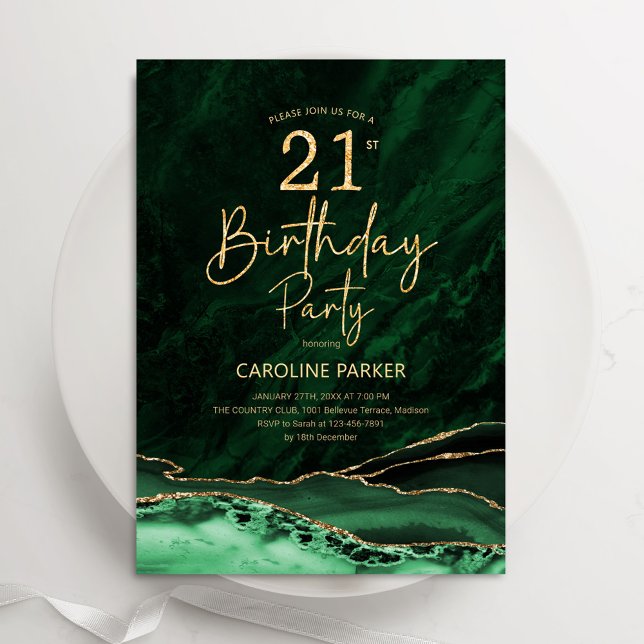 Agate Emerald Green Gold 21st Birthday Invitation (Creator Uploaded)