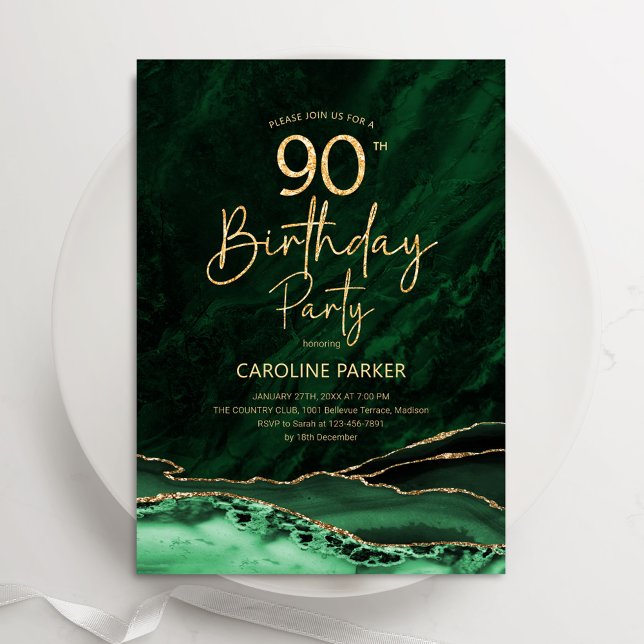 Agate Emerald Green Gold 90th Birthday Invitation (Creator Uploaded)