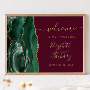 Agate Emerald Green Gold Burgundy Wedding Welcome Poster
