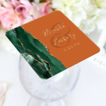 Agate Emerald Green Gold Burnt Orange Wedding Square Paper Coaster<br><div class="desc">This elegant modern wedding coaster features an emerald green watercolor agate geode design trimmed with faux gold glitter. Easily customise the gold-coloured text on a burnt orange or rust background,  with the names of the bride and groom in handwriting calligraphy over a large ampersand.</div>