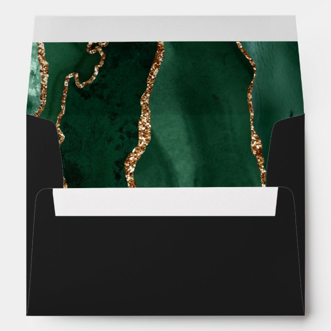 Agate Emerald Green Gold Dark Script Wedding Envelope (Back (Bottom))