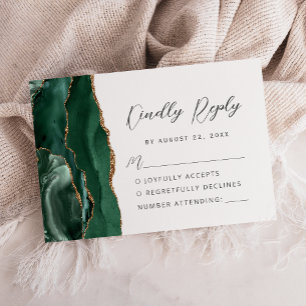 Agate Emerald Green Gold Modern Script Wedding RSVP Card