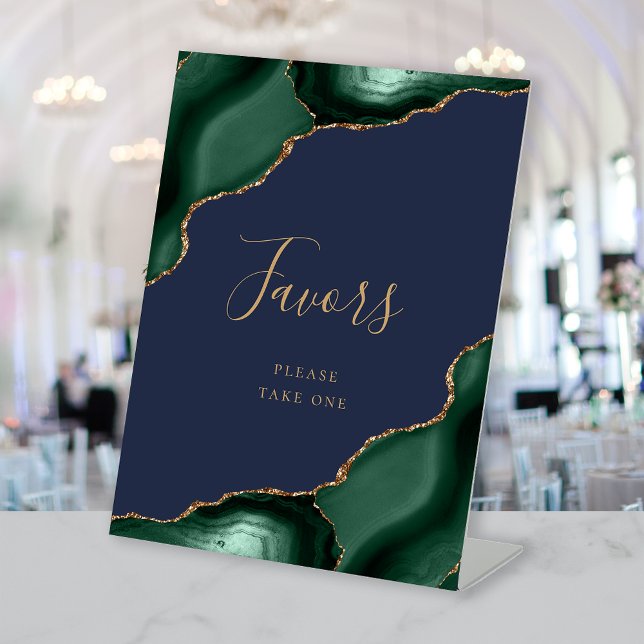 Agate Emerald Green Gold Navy Blue Wedding Favours Pedestal Sign (Creator Uploaded)