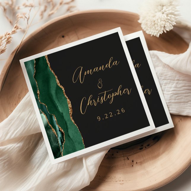Agate Emerald Green Gold Script Dark Wedding Napkin (Creator Uploaded)