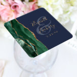 Agate Emerald Green Gold Script Navy Blue Wedding Square Paper Coaster<br><div class="desc">This elegant modern wedding coaster features an emerald green watercolor agate geode design trimmed with faux gold glitter. Easily customise the gold-coloured text on a navy blue background,  with the names of the bride and groom in handwriting calligraphy over a large ampersand.</div>