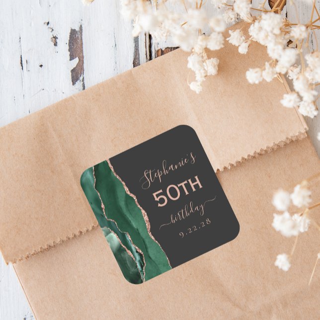 Agate Emerald Green Rose Gold Dark 50th Birthday Square Sticker (Creator Uploaded)