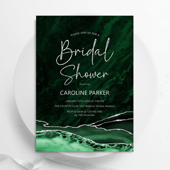 Agate Emerald Green Silver Bridal Shower Invitation (Creator Uploaded)